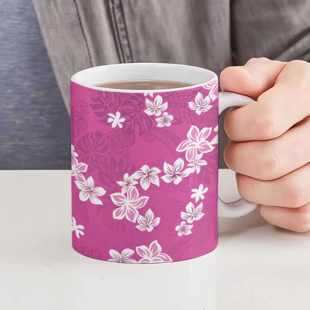 Hawaii Monstera Deliciosa Ceramic Mug Pink Plumeria Polynesian Pattern - Polynesian Pride