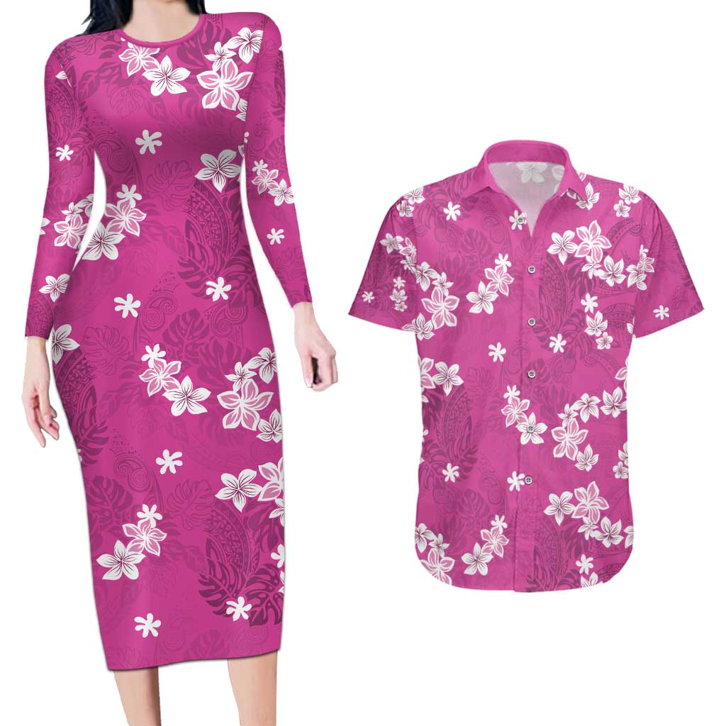 Hawaii Monstera Deliciosa Couples Matching Long Sleeve Bodycon Dress and Hawaiian Shirt Pink Plumeria Polynesian Pattern - Polynesian Pride