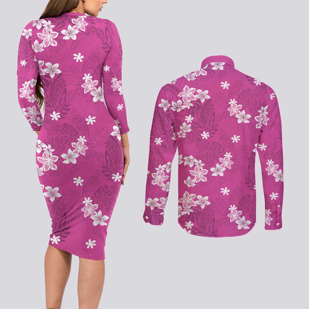 Hawaii Monstera Deliciosa Couples Matching Long Sleeve Bodycon Dress and Long Sleeve Button Shirt Pink Plumeria Polynesian Pattern - Polynesian Pride