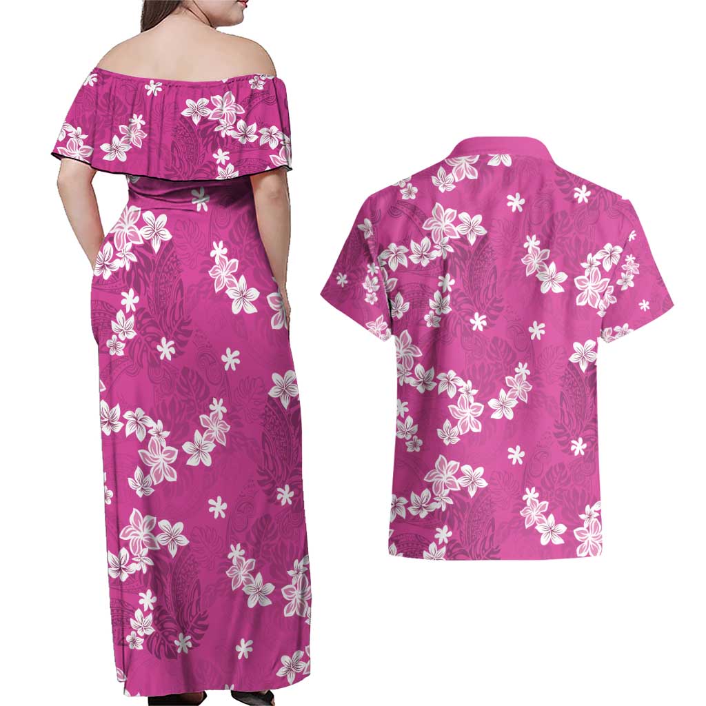 Hawaii Monstera Deliciosa Couples Matching Off Shoulder Maxi Dress and Hawaiian Shirt Pink Plumeria Polynesian Pattern LT05 - Polynesian Pride
