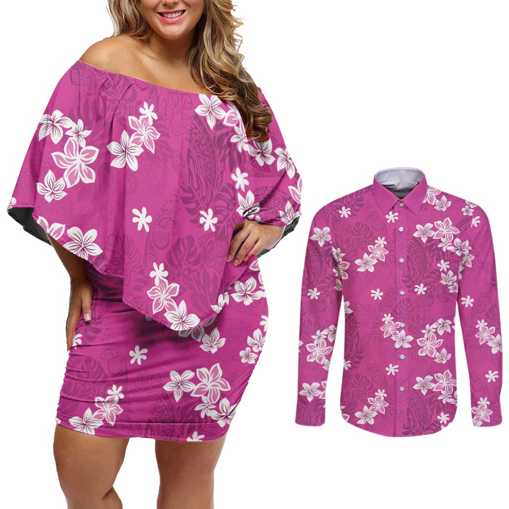 Hawaii Monstera Deliciosa Couples Matching Off Shoulder Short Dress and Long Sleeve Button Shirt Pink Plumeria Polynesian Pattern - Polynesian Pride