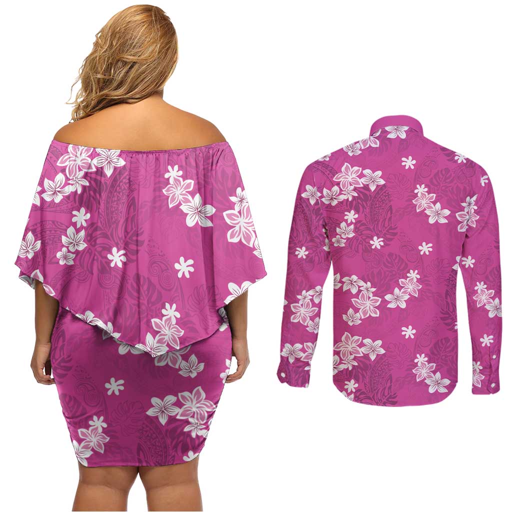 Hawaii Monstera Deliciosa Couples Matching Off Shoulder Short Dress and Long Sleeve Button Shirt Pink Plumeria Polynesian Pattern - Polynesian Pride
