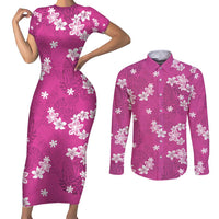 Hawaii Monstera Deliciosa Couples Matching Short Sleeve Bodycon Dress and Long Sleeve Button Shirt Pink Plumeria Polynesian Pattern - Polynesian Pride