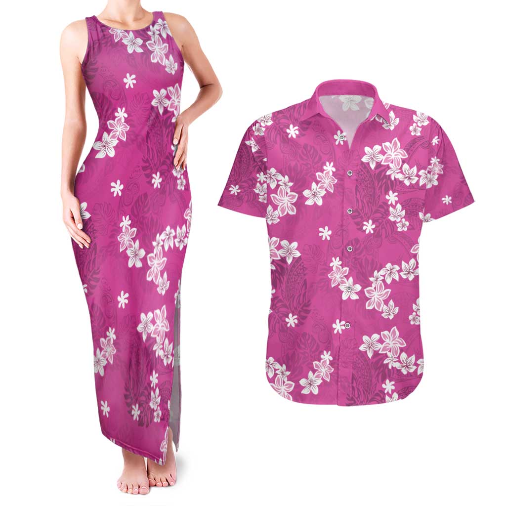 Hawaii Monstera Deliciosa Couples Matching Tank Maxi Dress and Hawaiian Shirt Pink Plumeria Polynesian Pattern LT05 Pink - Polynesian Pride