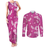 Hawaii Monstera Deliciosa Couples Matching Tank Maxi Dress and Long Sleeve Button Shirt Pink Plumeria Polynesian Pattern - Polynesian Pride
