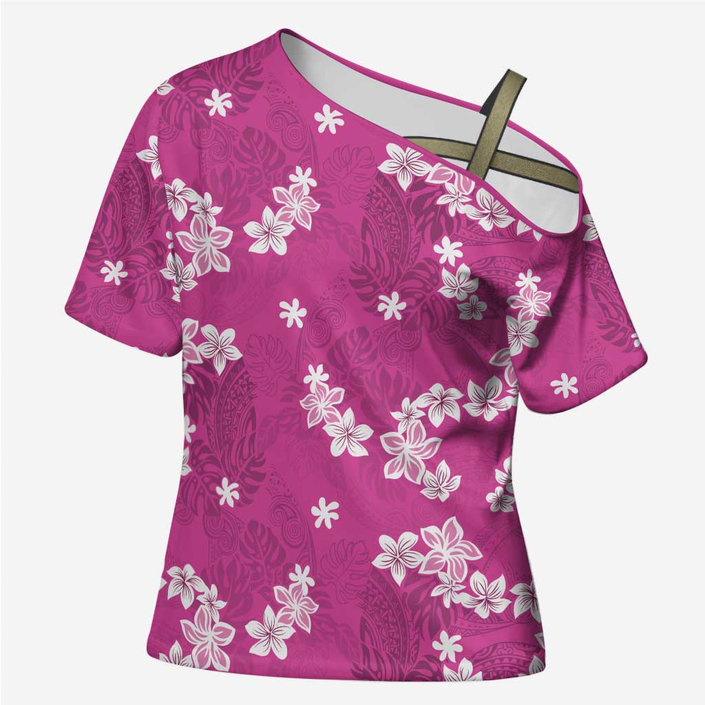 Hawaii Monstera Deliciosa Cross Shoulder Shirt Pink Plumeria Polynesian Pattern - Polynesian Pride