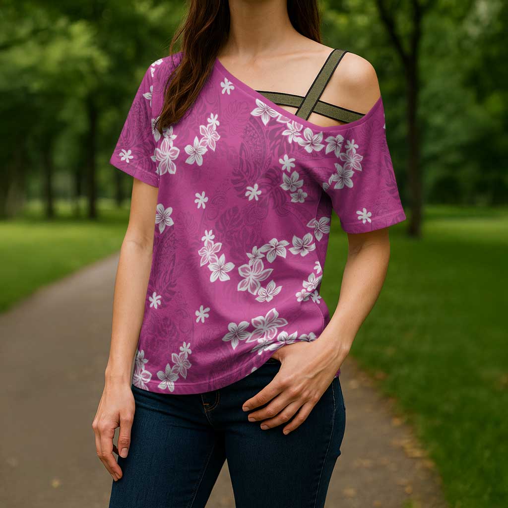 Hawaii Monstera Deliciosa Cross Shoulder Shirt Pink Plumeria Polynesian Pattern - Polynesian Pride