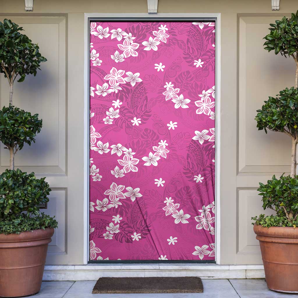 Hawaii Monstera Deliciosa Door Cover Pink Plumeria Polynesian Pattern - Polynesian Pride