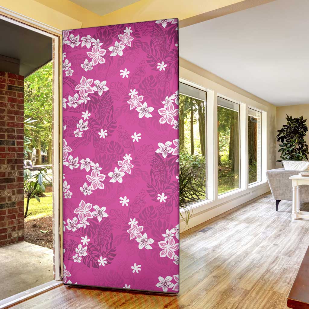 Hawaii Monstera Deliciosa Door Cover Pink Plumeria Polynesian Pattern - Polynesian Pride