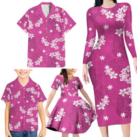 Hawaii Monstera Deliciosa Family Matching Long Sleeve Bodycon Dress and Hawaiian Shirt Pink Plumeria Polynesian Pattern - Polynesian Pride