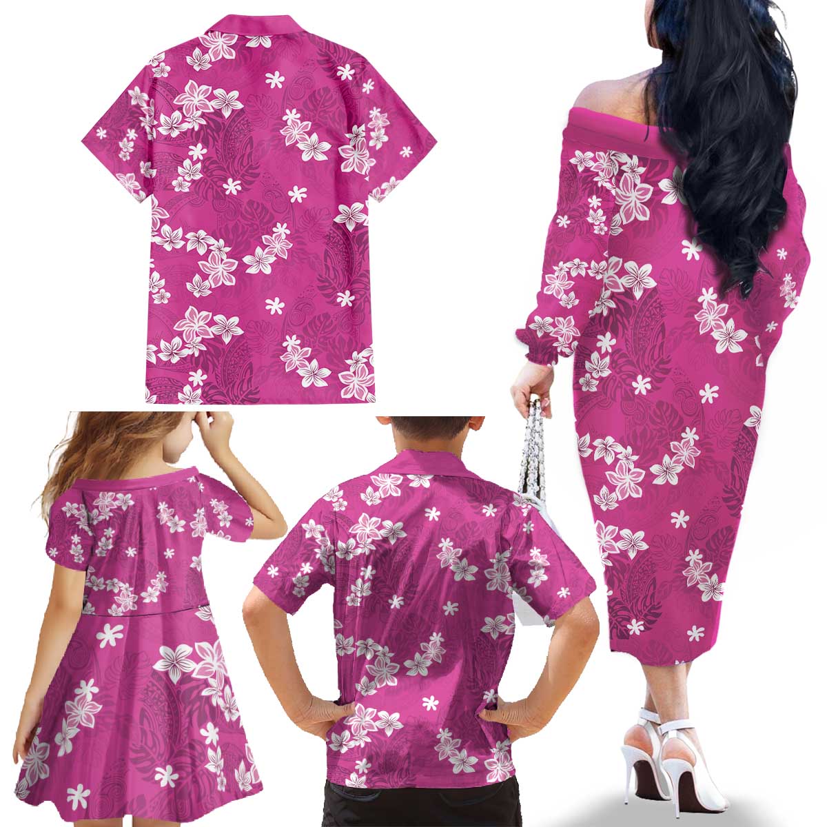 Hawaii Monstera Deliciosa Family Matching Off The Shoulder Long Sleeve Dress and Hawaiian Shirt Pink Plumeria Polynesian Pattern - Polynesian Pride