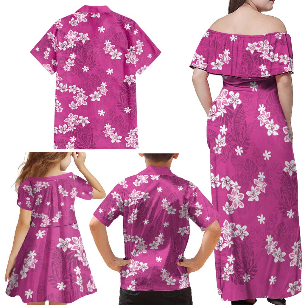 Hawaii Monstera Deliciosa Family Matching Off Shoulder Maxi Dress and Hawaiian Shirt Pink Plumeria Polynesian Pattern LT05 - Polynesian Pride