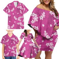 Hawaii Monstera Deliciosa Family Matching Off Shoulder Short Dress and Hawaiian Shirt Pink Plumeria Polynesian Pattern LT05 - Polynesian Pride