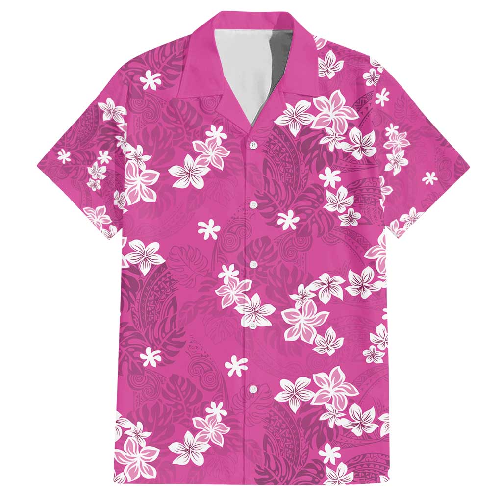 Hawaii Monstera Deliciosa Family Matching Short Sleeve Bodycon Dress and Hawaiian Shirt Pink Plumeria Polynesian Pattern - Polynesian Pride