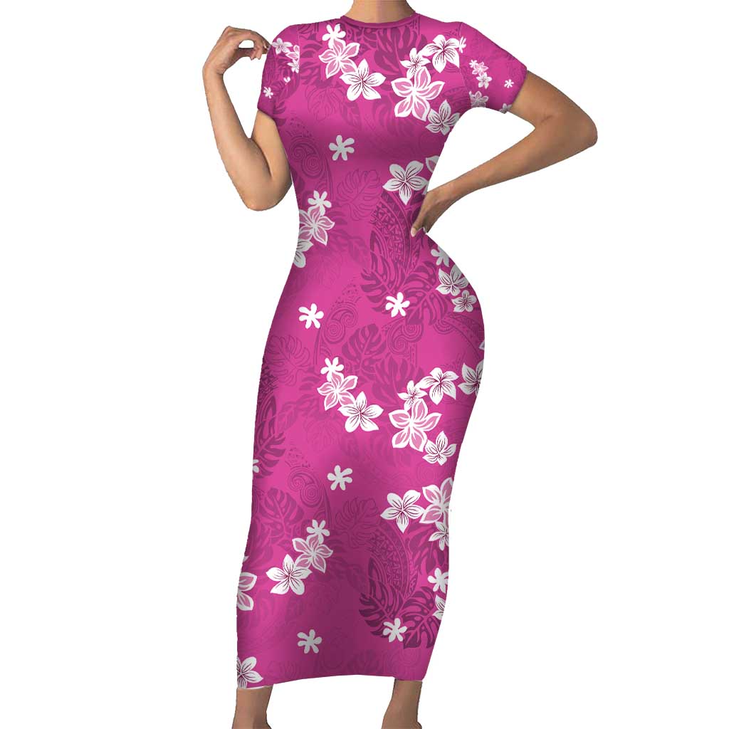 Hawaii Monstera Deliciosa Family Matching Short Sleeve Bodycon Dress and Hawaiian Shirt Pink Plumeria Polynesian Pattern - Polynesian Pride