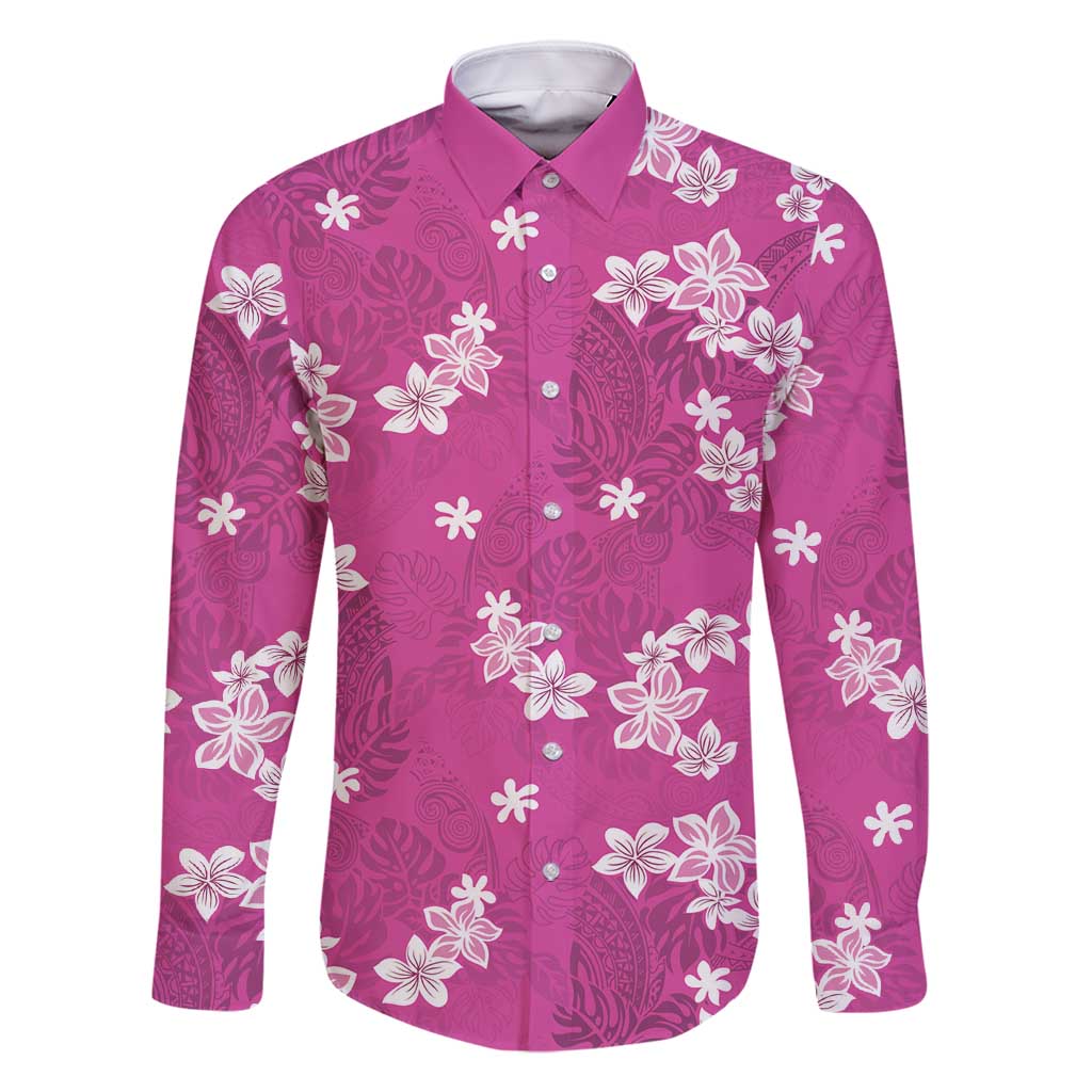 Hawaii Monstera Deliciosa Family Matching Summer Maxi Dress and Hawaiian Shirt Pink Plumeria Polynesian Pattern LT05 Dad's Shirt - Long Sleeve Pink - Polynesian Pride