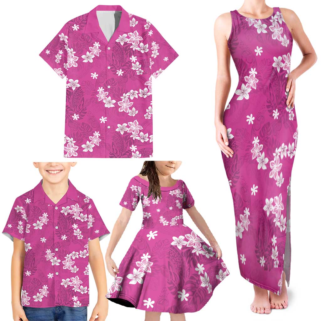 Hawaii Monstera Deliciosa Family Matching Tank Maxi Dress and Hawaiian Shirt Pink Plumeria Polynesian Pattern - Polynesian Pride