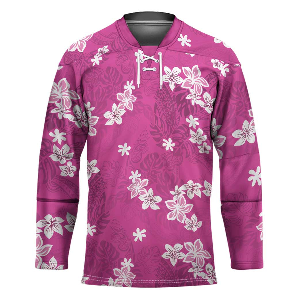 Hawaii Monstera Deliciosa Hockey Jersey Pink Plumeria Polynesian Pattern - Polynesian Pride