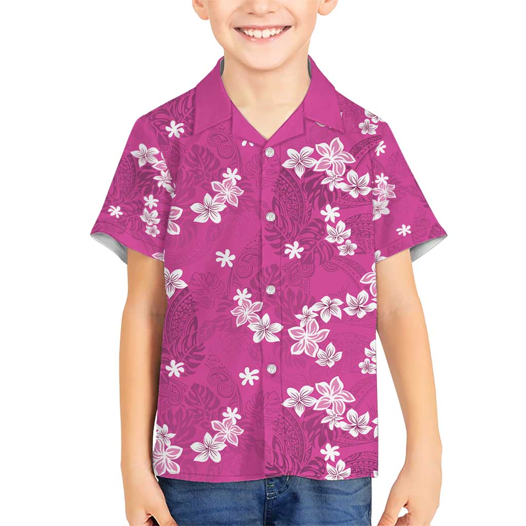 Hawaii Monstera Deliciosa Kid Hawaiian Shirt Pink Plumeria Polynesian Pattern - Polynesian Pride