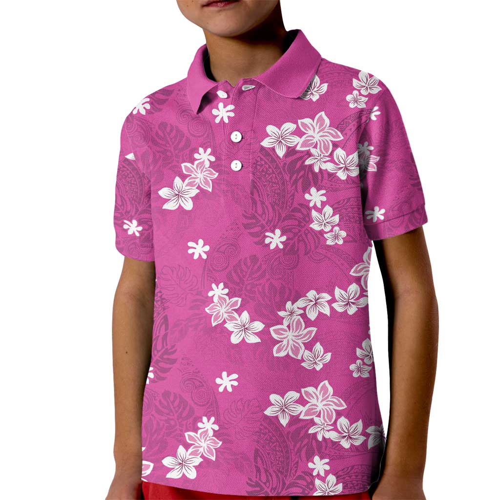 Hawaii Monstera Deliciosa Kid Polo Shirt Pink Plumeria Polynesian Pattern - Polynesian Pride