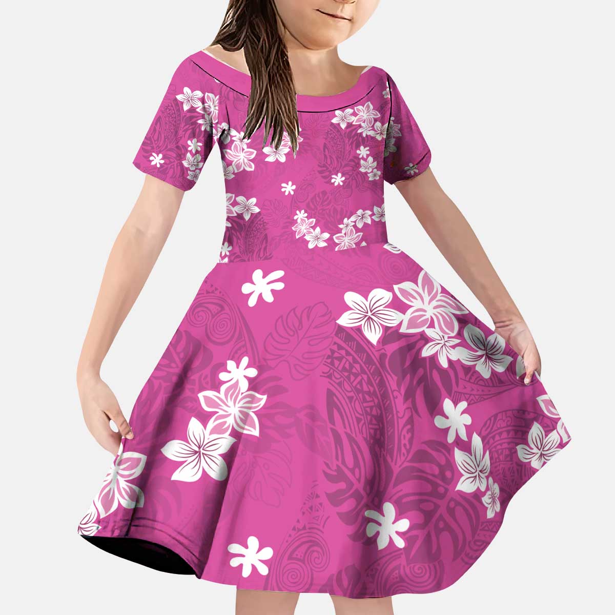 Hawaii Monstera Deliciosa Kid Short Sleeve Dress Pink Plumeria Polynesian Pattern - Polynesian Pride