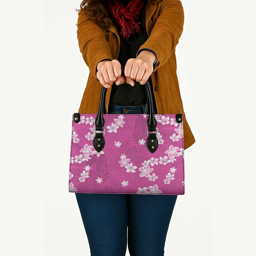 Hawaii Monstera Deliciosa Leather Bag Pink Plumeria Polynesian Pattern - Polynesian Pride