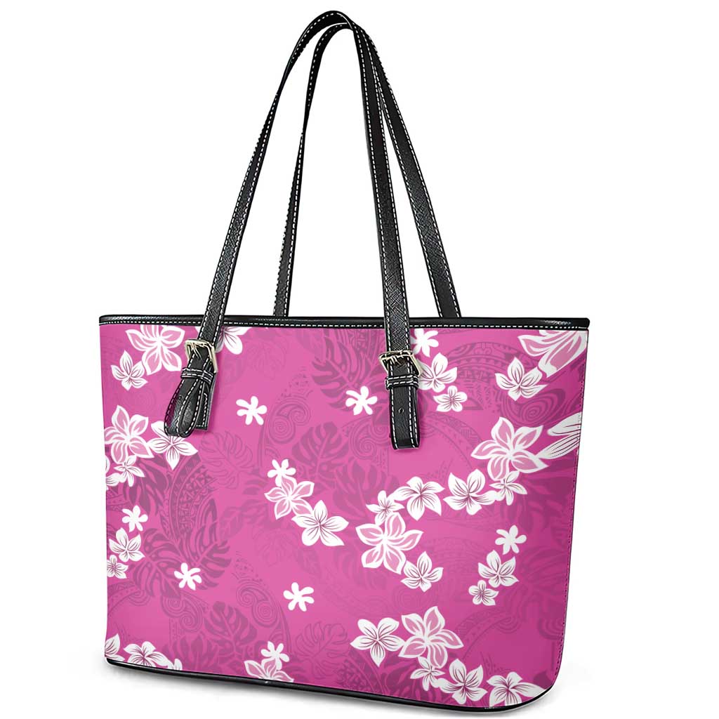 Hawaii Monstera Deliciosa Leather Tote Bag Pink Plumeria Polynesian Pattern - Polynesian Pride