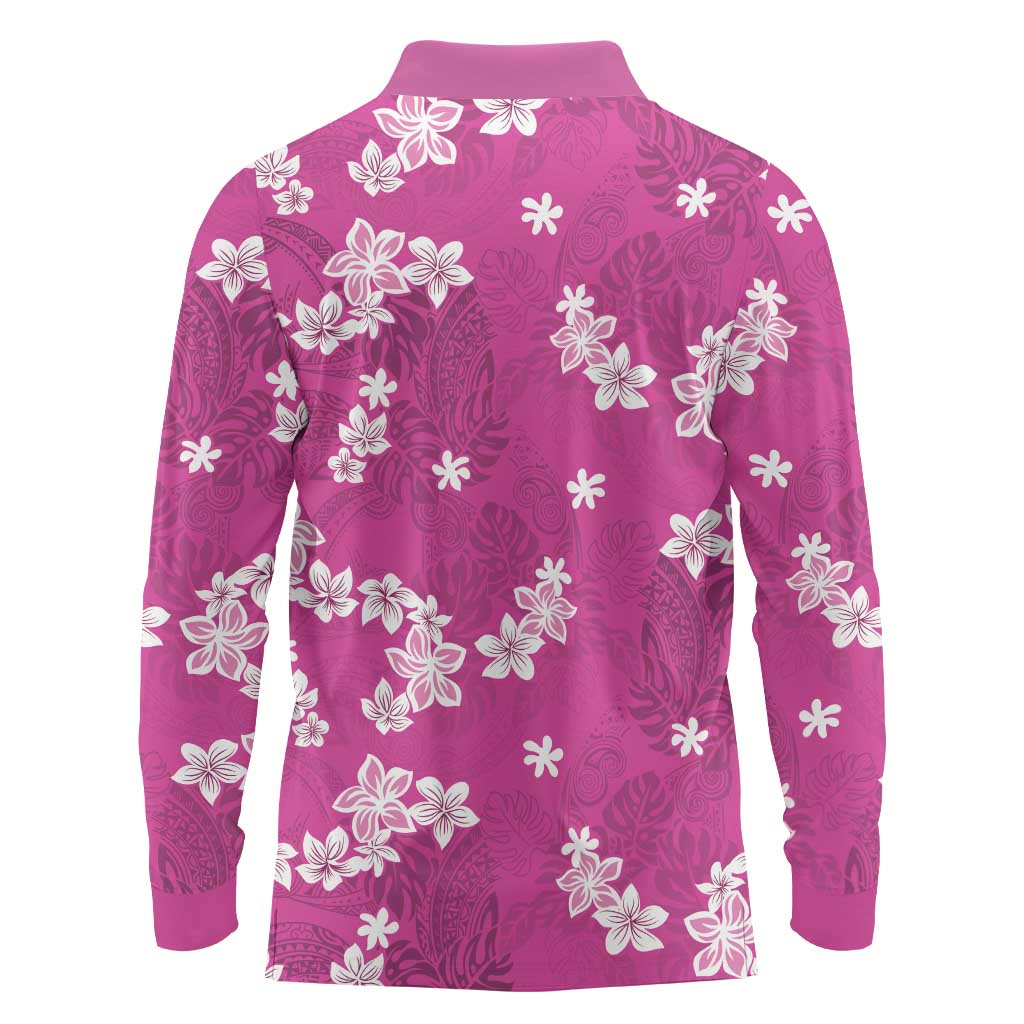 Hawaii Monstera Deliciosa Long Sleeve Polo Shirt Pink Plumeria Polynesian Pattern - Polynesian Pride