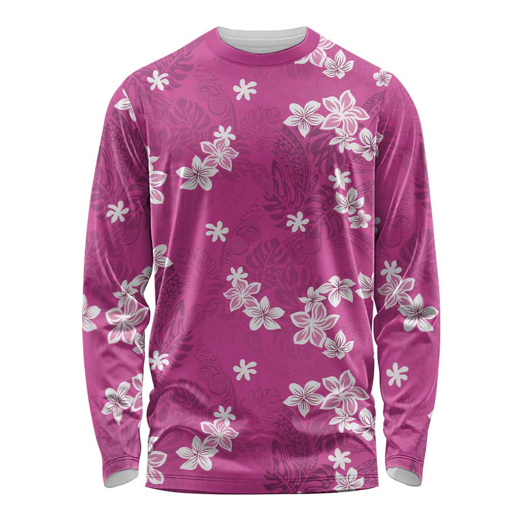 Hawaii Monstera Deliciosa Long Sleeve Shirt Pink Plumeria Polynesian Pattern - Polynesian Pride
