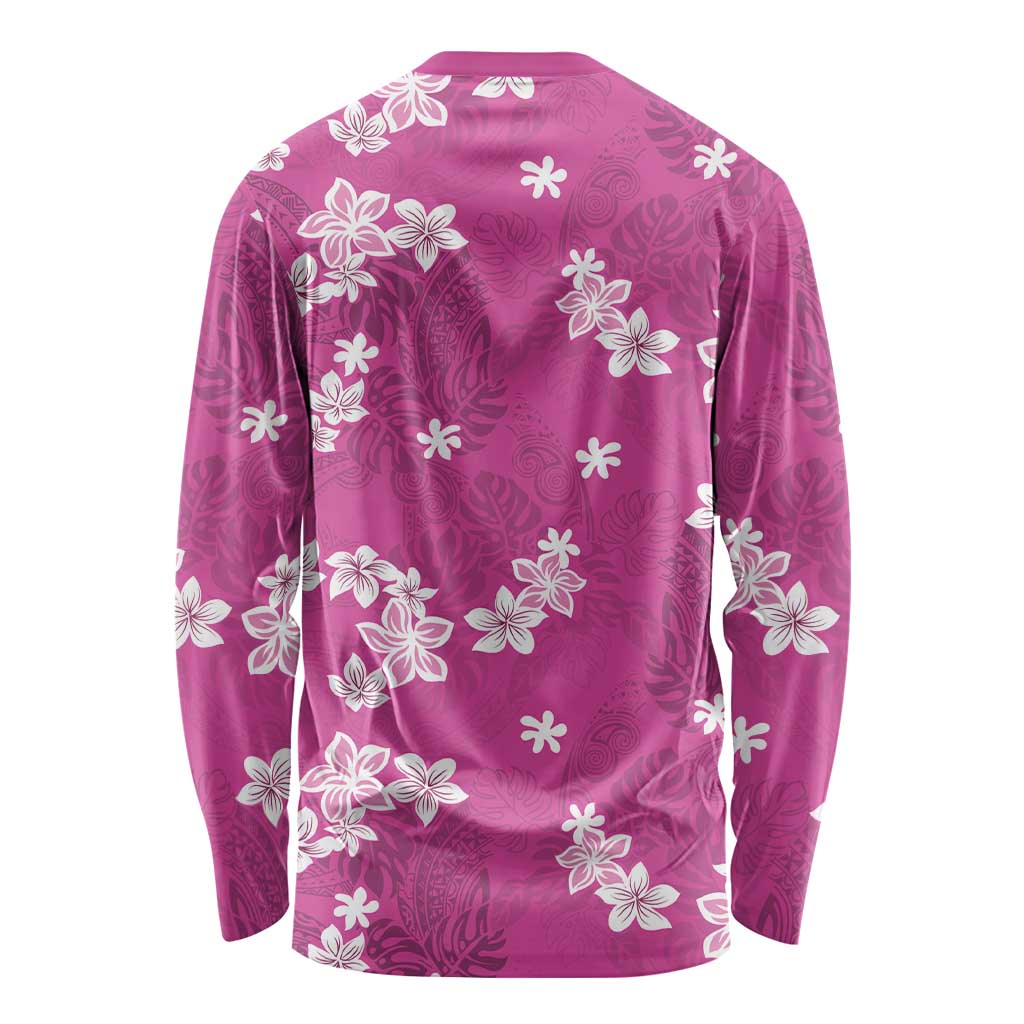 Hawaii Monstera Deliciosa Long Sleeve Shirt Pink Plumeria Polynesian Pattern - Polynesian Pride