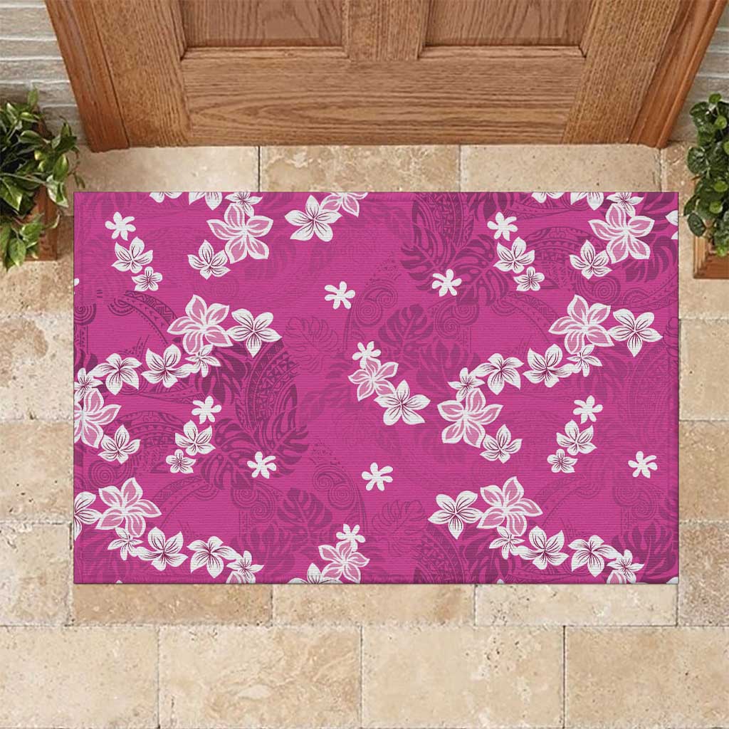 Hawaii Monstera Deliciosa Rubber Doormat Pink Plumeria Polynesian Pattern - Polynesian Pride