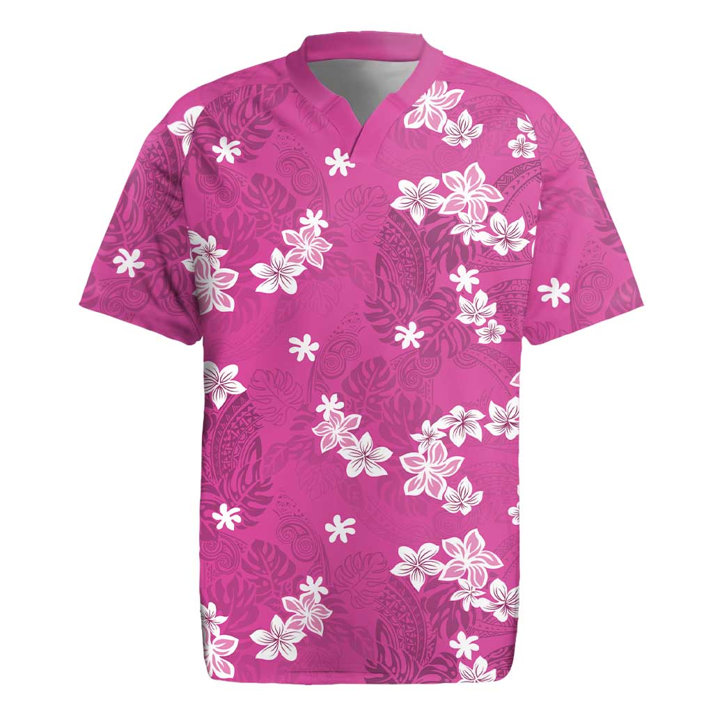 Hawaii Monstera Deliciosa Rugby Jersey Pink Plumeria Polynesian Pattern - Polynesian Pride