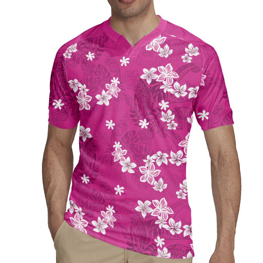 Hawaii Monstera Deliciosa Rugby Jersey Pink Plumeria Polynesian Pattern - Polynesian Pride