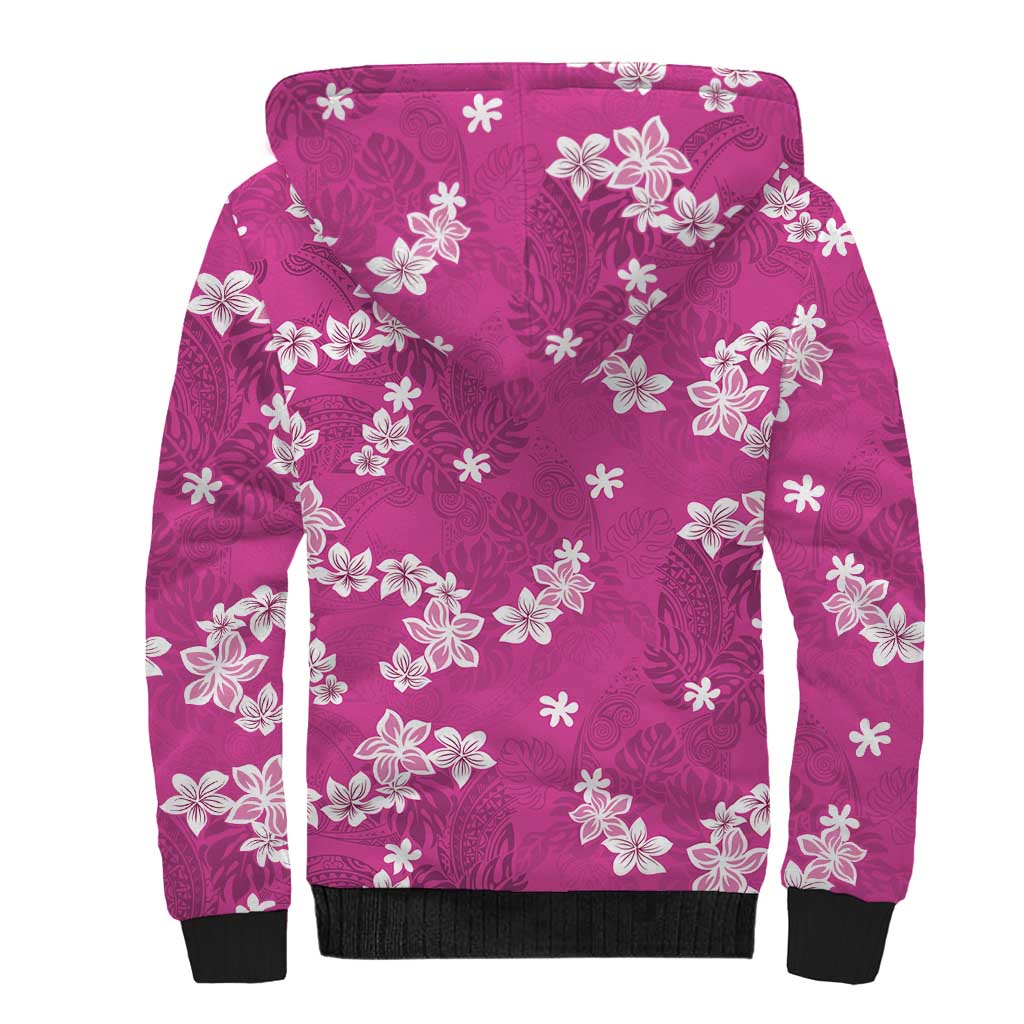 Hawaii Monstera Deliciosa Sherpa Hoodie Pink Plumeria Polynesian Pattern - Polynesian Pride