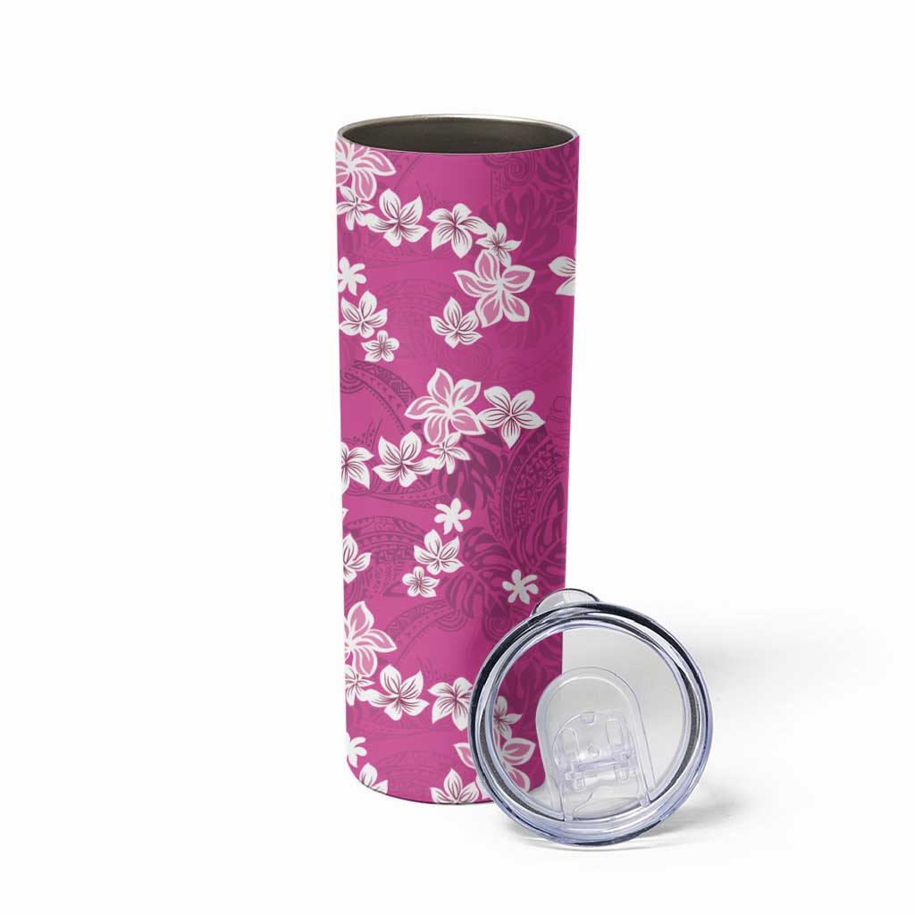 Hawaii Monstera Deliciosa Skinny Tumbler Pink Plumeria Polynesian Pattern - Polynesian Pride
