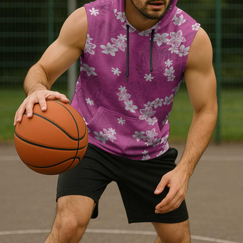 Hawaii Monstera Deliciosa Sleeveless Hoodie Pink Plumeria Polynesian Pattern - Polynesian Pride