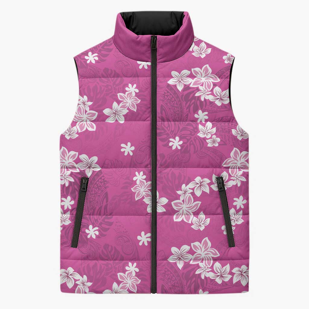 Hawaii Monstera Deliciosa Sleeveless Puffer Jacket Pink Plumeria Polynesian Pattern - Polynesian Pride