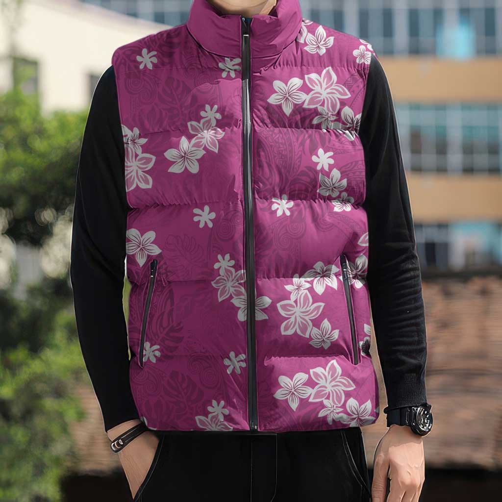 Hawaii Monstera Deliciosa Sleeveless Puffer Jacket Pink Plumeria Polynesian Pattern - Polynesian Pride