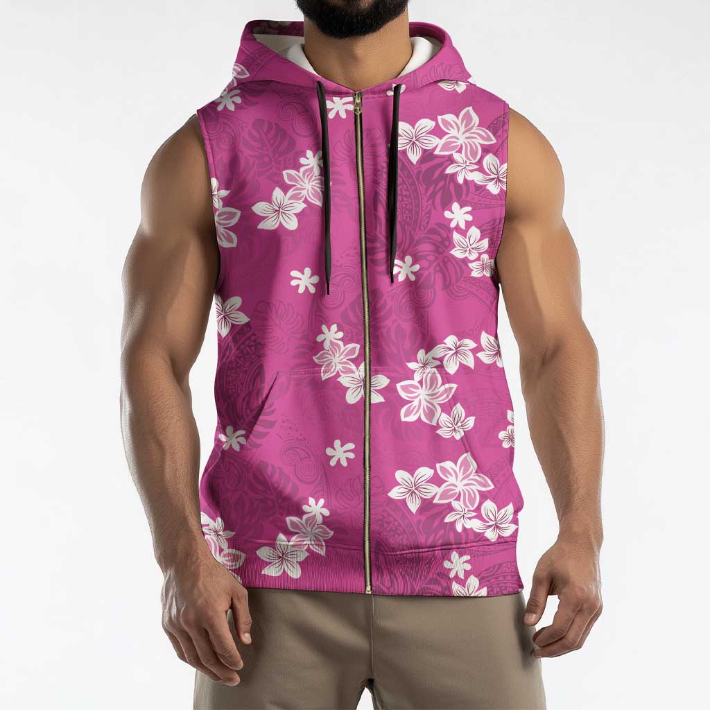 Hawaii Monstera Deliciosa Sleeveless Zip Hoodie Pink Plumeria Polynesian Pattern - Polynesian Pride