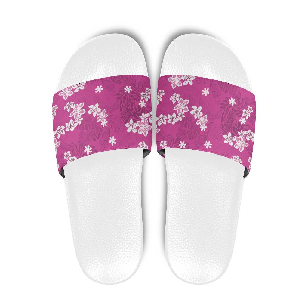 Hawaii Monstera Deliciosa Slide Sandals Pink Plumeria Polynesian Pattern - Polynesian Pride