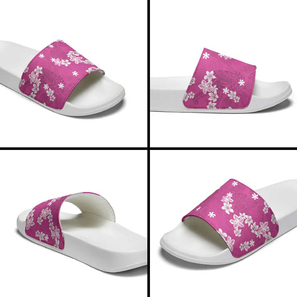 Hawaii Monstera Deliciosa Slide Sandals Pink Plumeria Polynesian Pattern - Polynesian Pride
