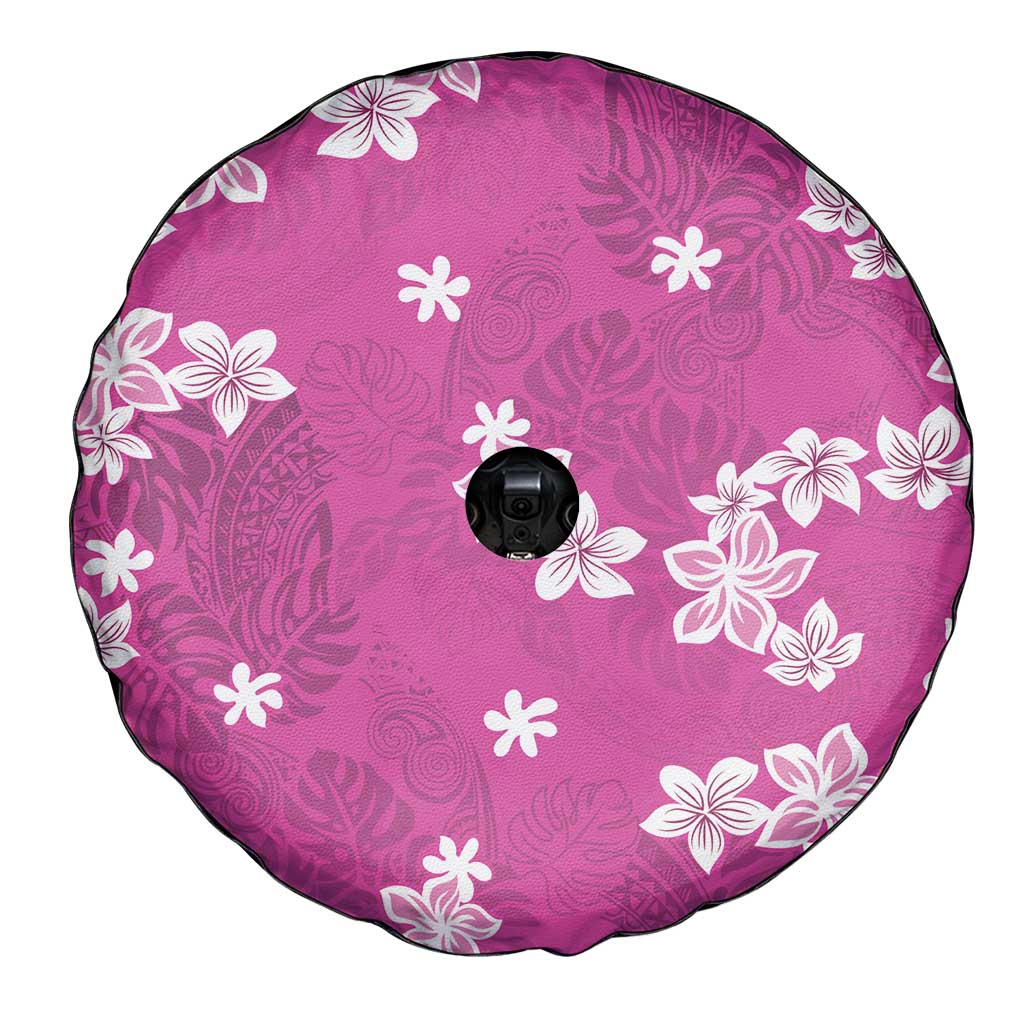 Hawaii Monstera Deliciosa Spare Tire Cover Pink Plumeria Polynesian Pattern - Polynesian Pride
