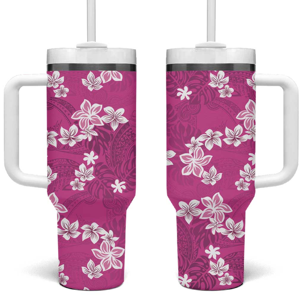 Hawaii Monstera Deliciosa Tumbler With Handle Pink Plumeria Polynesian Pattern - Polynesian Pride