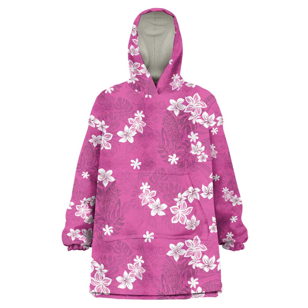 Hawaii Monstera Deliciosa Wearable Blanket Hoodie Pink Plumeria Polynesian Pattern - Polynesian Pride