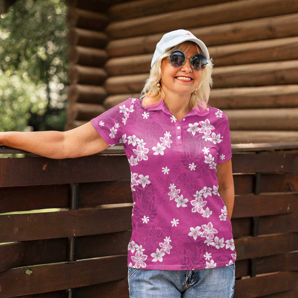 Hawaii Monstera Deliciosa Women Polo Shirt Pink Plumeria Polynesian Pattern LT05 - Polynesian Pride