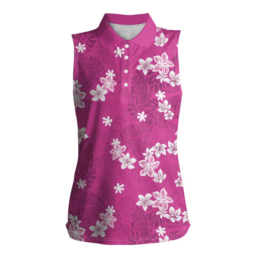 Hawaii Monstera Deliciosa Women Sleeveless Polo Shirt Pink Plumeria Polynesian Pattern - Polynesian Pride