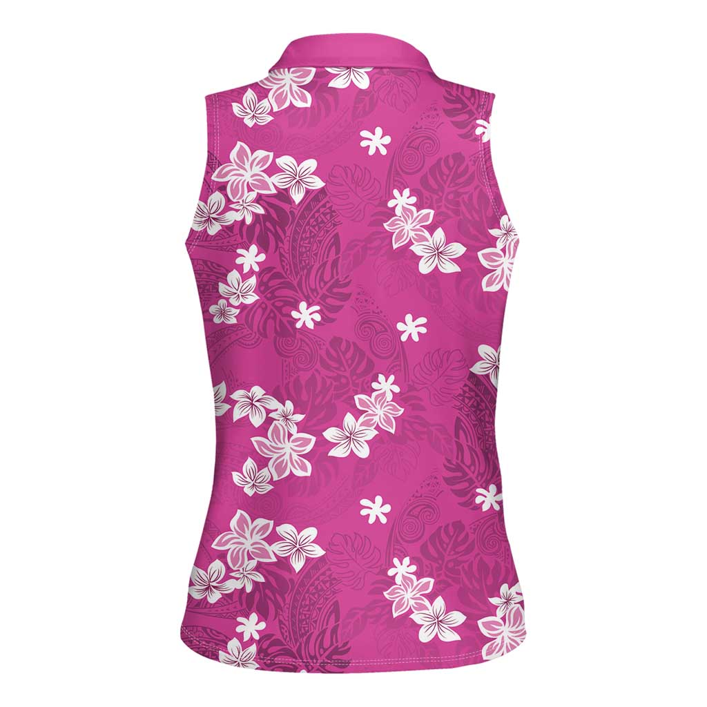 Hawaii Monstera Deliciosa Women Sleeveless Polo Shirt Pink Plumeria Polynesian Pattern - Polynesian Pride