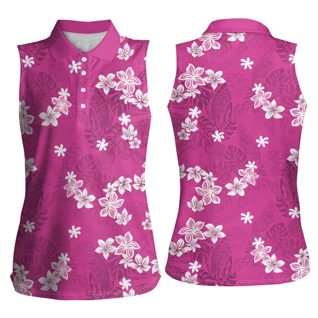 Hawaii Monstera Deliciosa Women Sleeveless Polo Shirt Pink Plumeria Polynesian Pattern - Polynesian Pride