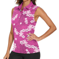Hawaii Monstera Deliciosa Women Sleeveless Polo Shirt Pink Plumeria Polynesian Pattern - Polynesian Pride