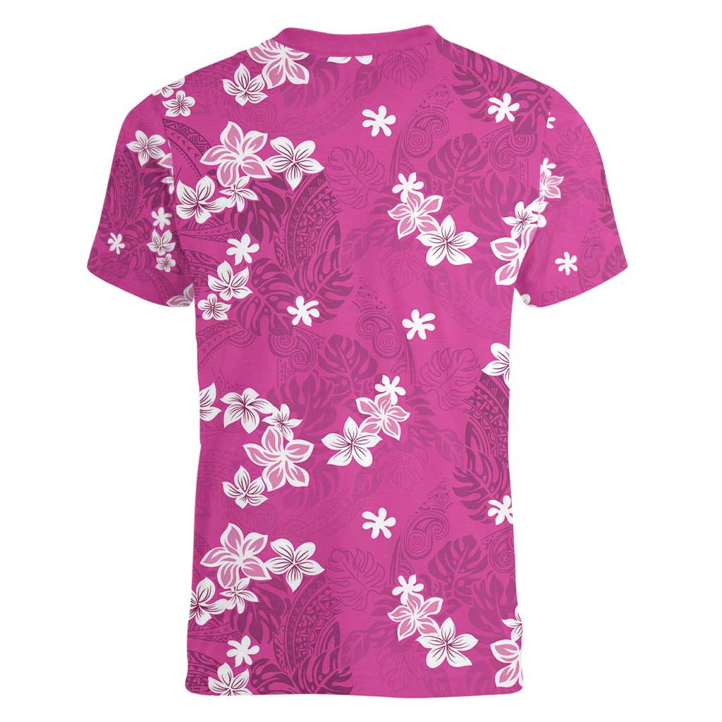 Hawaii Monstera Deliciosa Women V-Neck T-Shirt Pink Plumeria Polynesian Pattern - Polynesian Pride